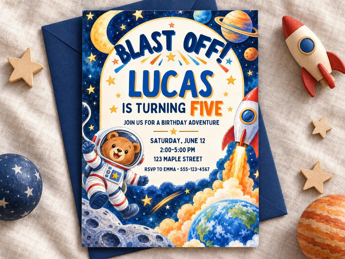 The image is a birthday invitation for a boy named Lucas, who is turning five years old. The invitation features a space theme with a teddy bear astronaut, a rocket ship, and planets. The invitation also includes details about the birthday party, such as the date, time, location, and RSVP information.