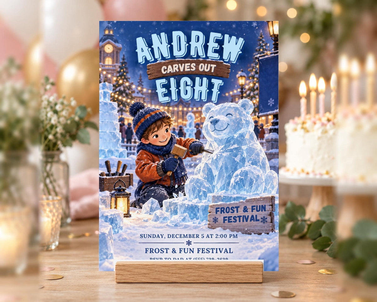 The image is a poster for a "Frost & Fun Festival" featuring a young boy carving a snowman and a large ice sculpture.