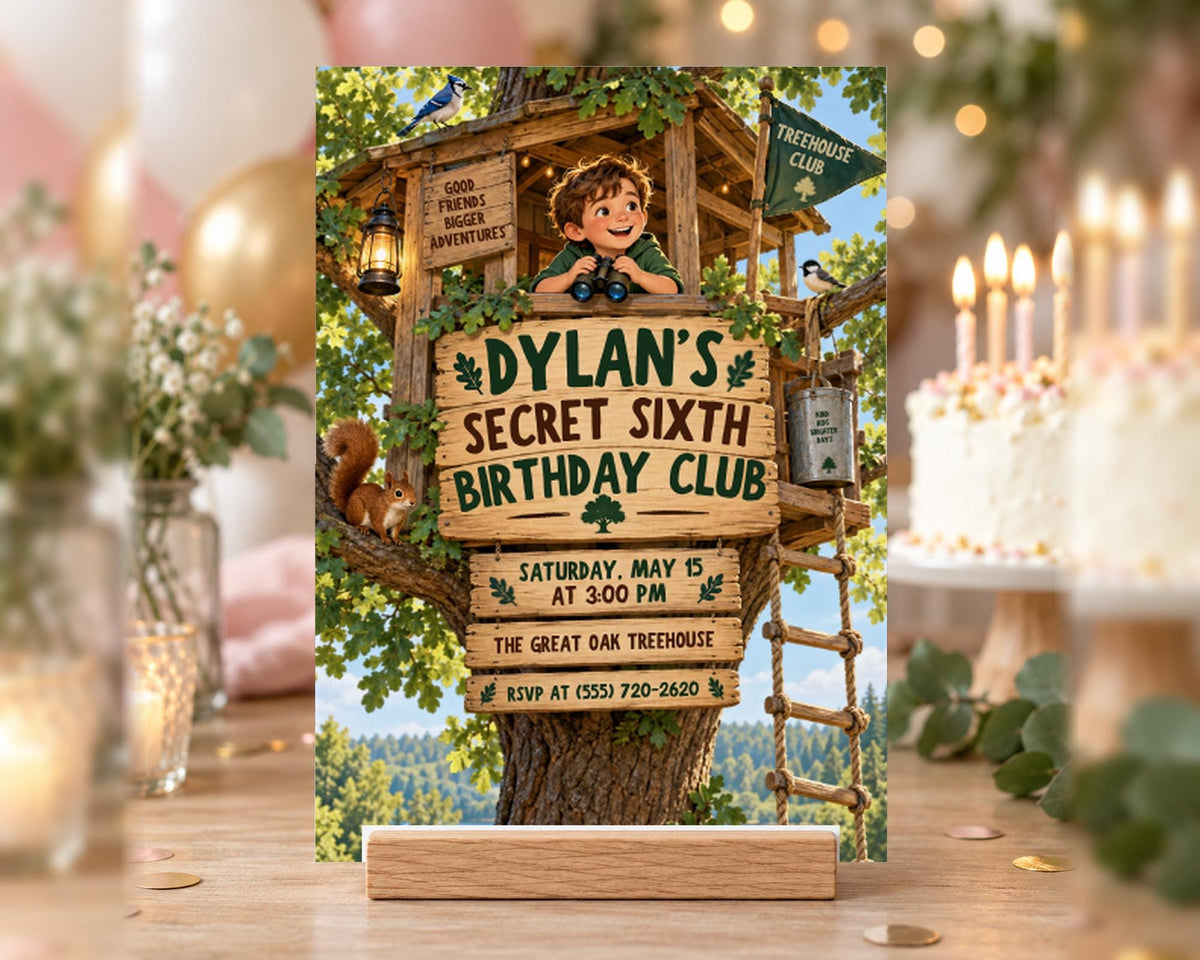 The image is a birthday invitation for a boy named Dylan, featuring a treehouse theme.