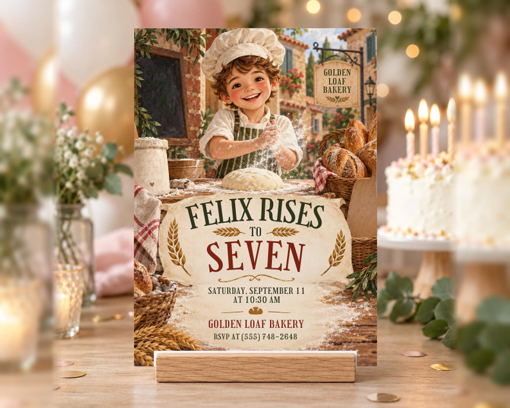 The image is a birthday invitation for a boy named Felix, who is celebrating his seventh birthday at the Golden Loaf Bakery.