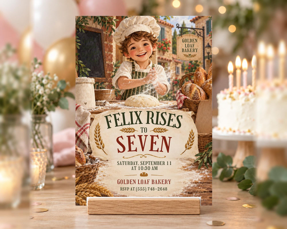 The image is a birthday invitation for a boy named Felix, who is celebrating his seventh birthday at the Golden Loaf Bakery.