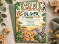 The image is a birthday invitation featuring a jungle theme with illustrations of a giraffe, lion, and elephant.