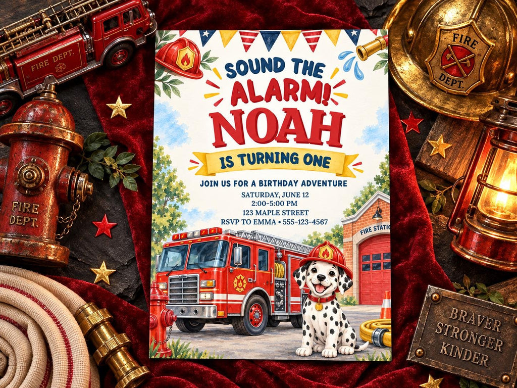 The image is a birthday invitation for a child named Noah, featuring a fire truck and a Dalmatian dog as the main elements.