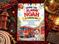 The image is a birthday invitation for a child named Noah, featuring a fire truck and a Dalmatian dog as the main elements.
