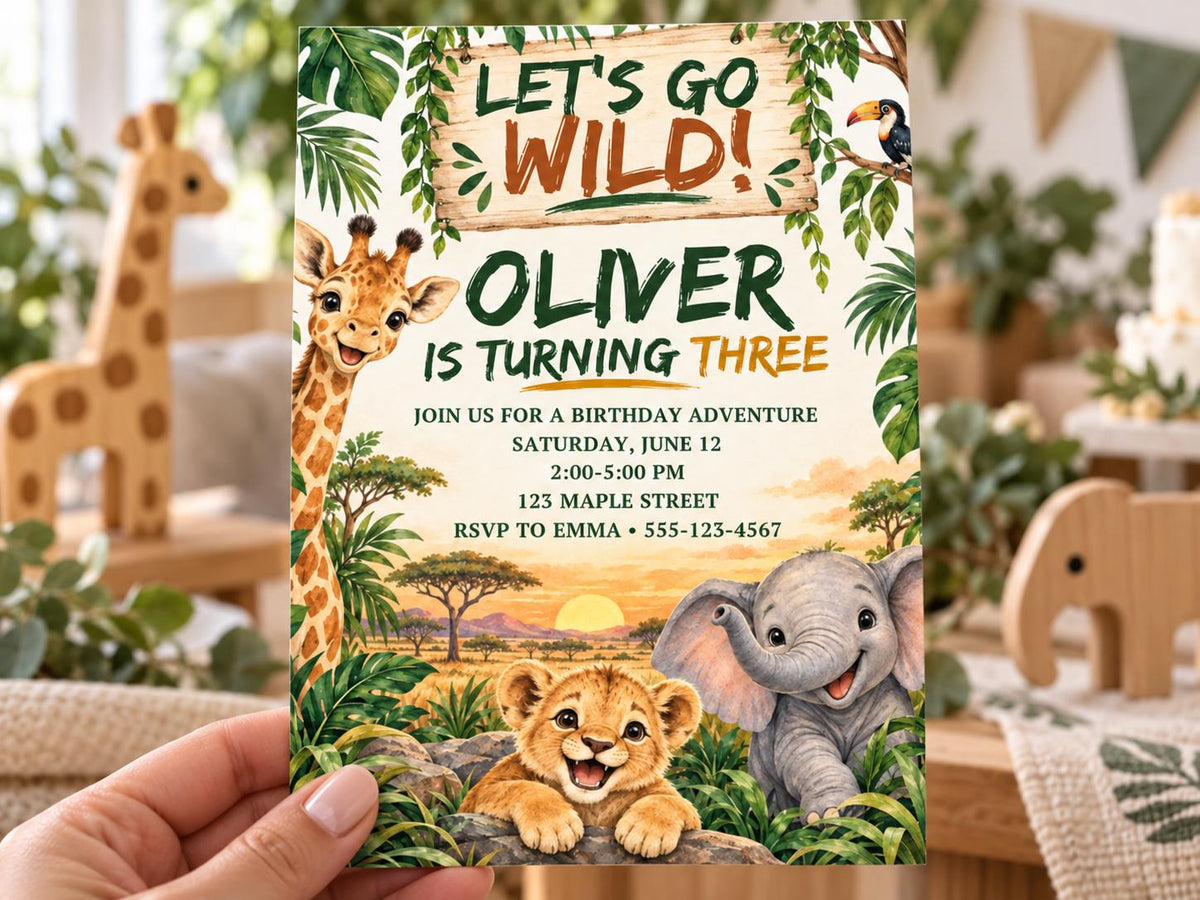 A birthday party invitation featuring a jungle theme with a giraffe, elephant, lion, and other animals.