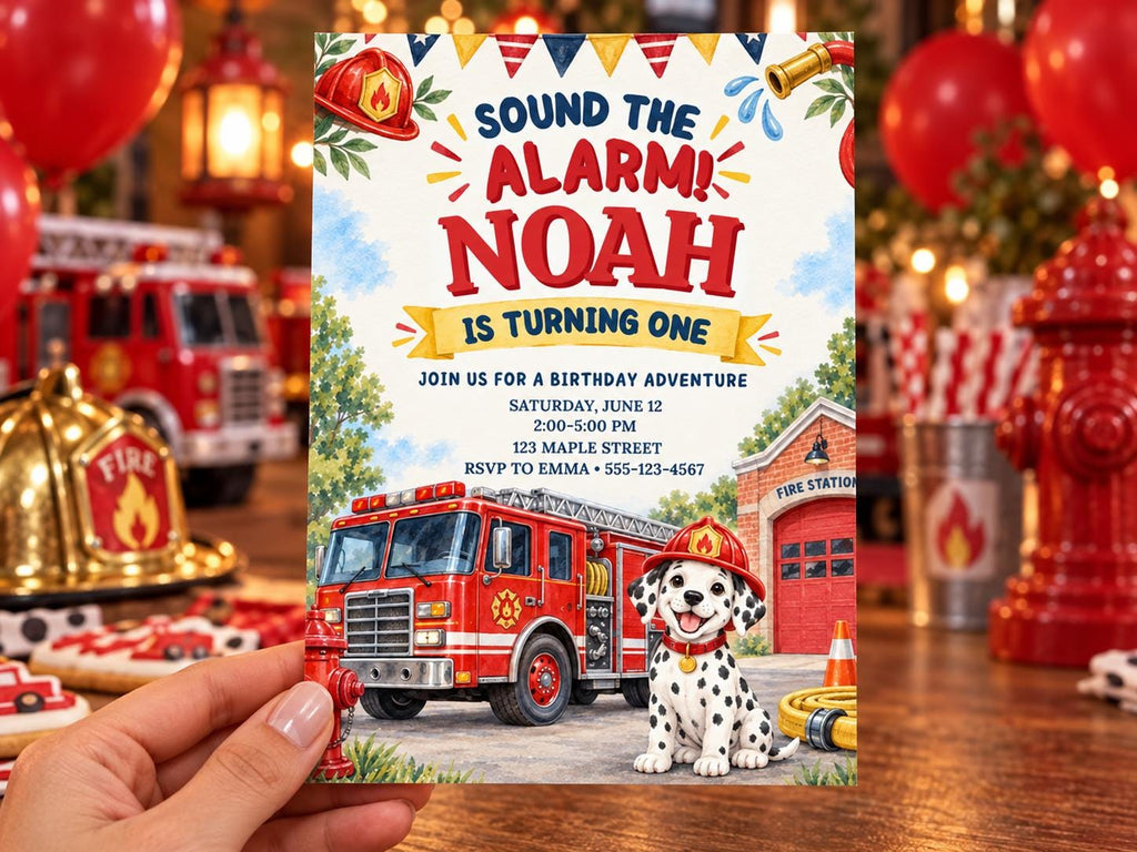 a birthday party invitation for a child named Noah, with a fire truck and a Dalmatian dog as the main elements.