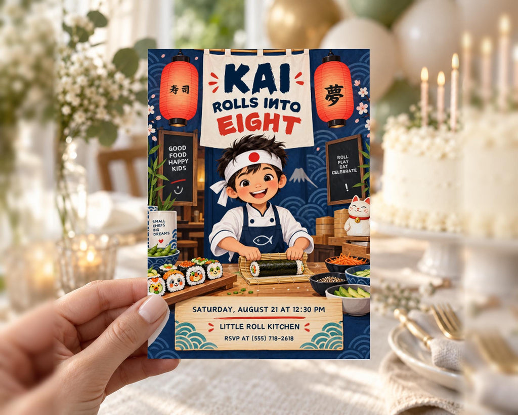 A hand holding a colorful invitation card with an illustration of a chef preparing sushi rolls. The card features text and images related to a sushi-themed party or event.