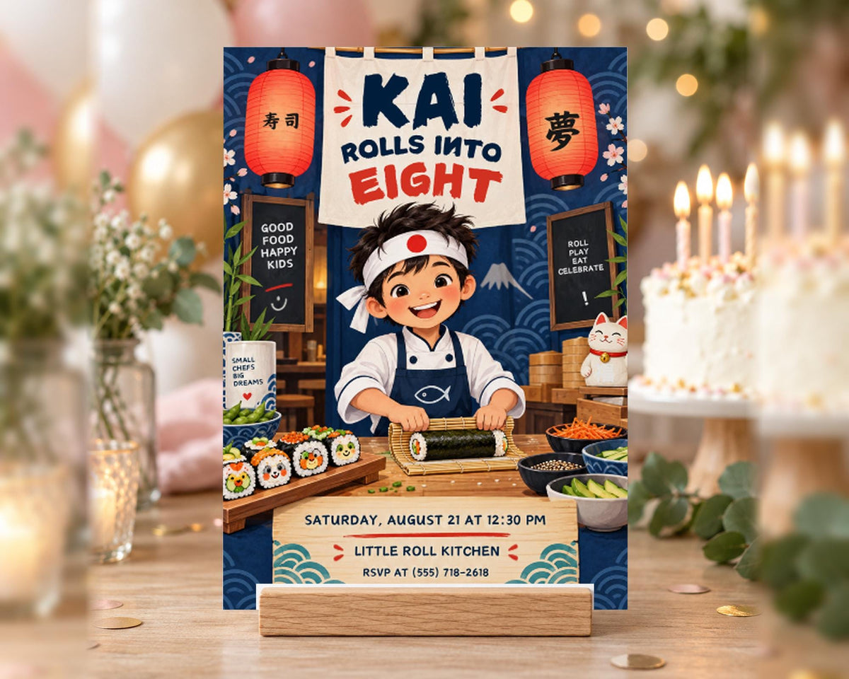 The image is a colorful invitation for a sushi-themed party, featuring a young boy in a chef's hat and a sushi chef preparing sushi rolls. The invitation includes details about the event, such as the date, time, and location, as well as a list of items to bring.