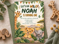 The image is a birthday invitation for Noah, featuring illustrations of a giraffe, lion, and elephant, along with the text "Let's go wild! Noah is turning one" and details about the birthday party.