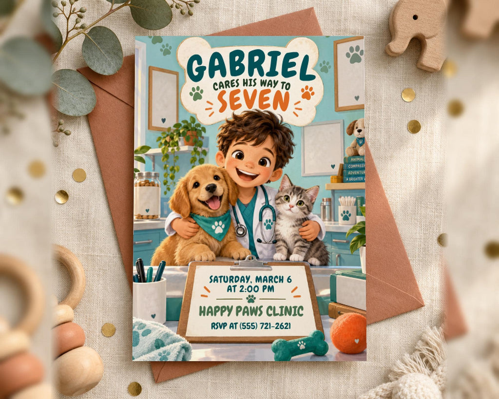 The image is a birthday invitation for a boy named Gabriel, who is a veterinarian. The invitation features a cartoon illustration of Gabriel surrounded by various veterinary-themed items, including a dog, cat, and medical equipment.