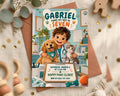 The image is a birthday invitation for a boy named Gabriel, who is a veterinarian. The invitation features a cartoon illustration of Gabriel surrounded by various veterinary-themed items, including a dog, cat, and medical equipment.