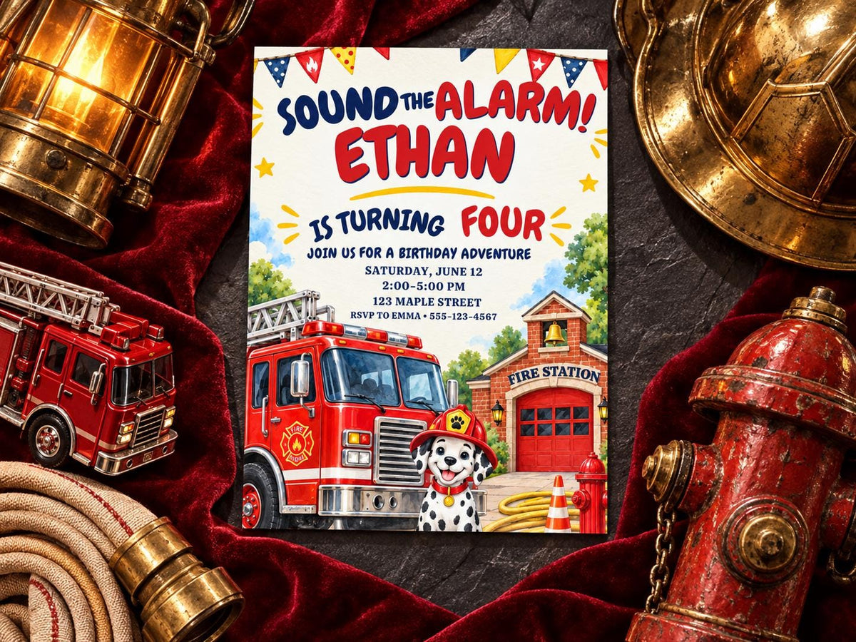 The image is a birthday invitation for a child named Ethan, featuring a fire station theme. The invitation includes details about the birthday party, such as the date, time, and location, as well as an illustration of a fire truck and a Dalmatian dog. The background of the invitation is red, and there are various objects related to firefighting, such as a fire hydrant, a fire truck, and a ladder, surrounding the invitation.