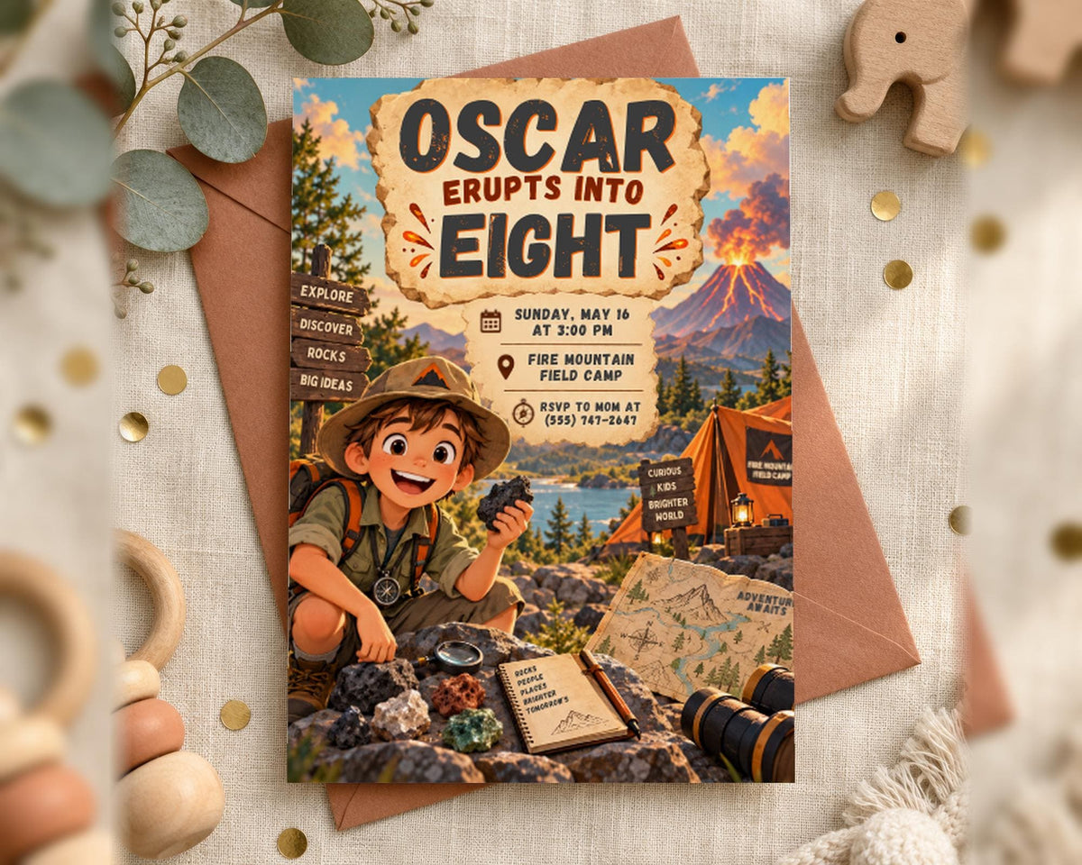 The image is a colorful invitation for a camping trip, featuring a cartoon boy in a safari hat and backpack, surrounded by camping gear and a map of the area.