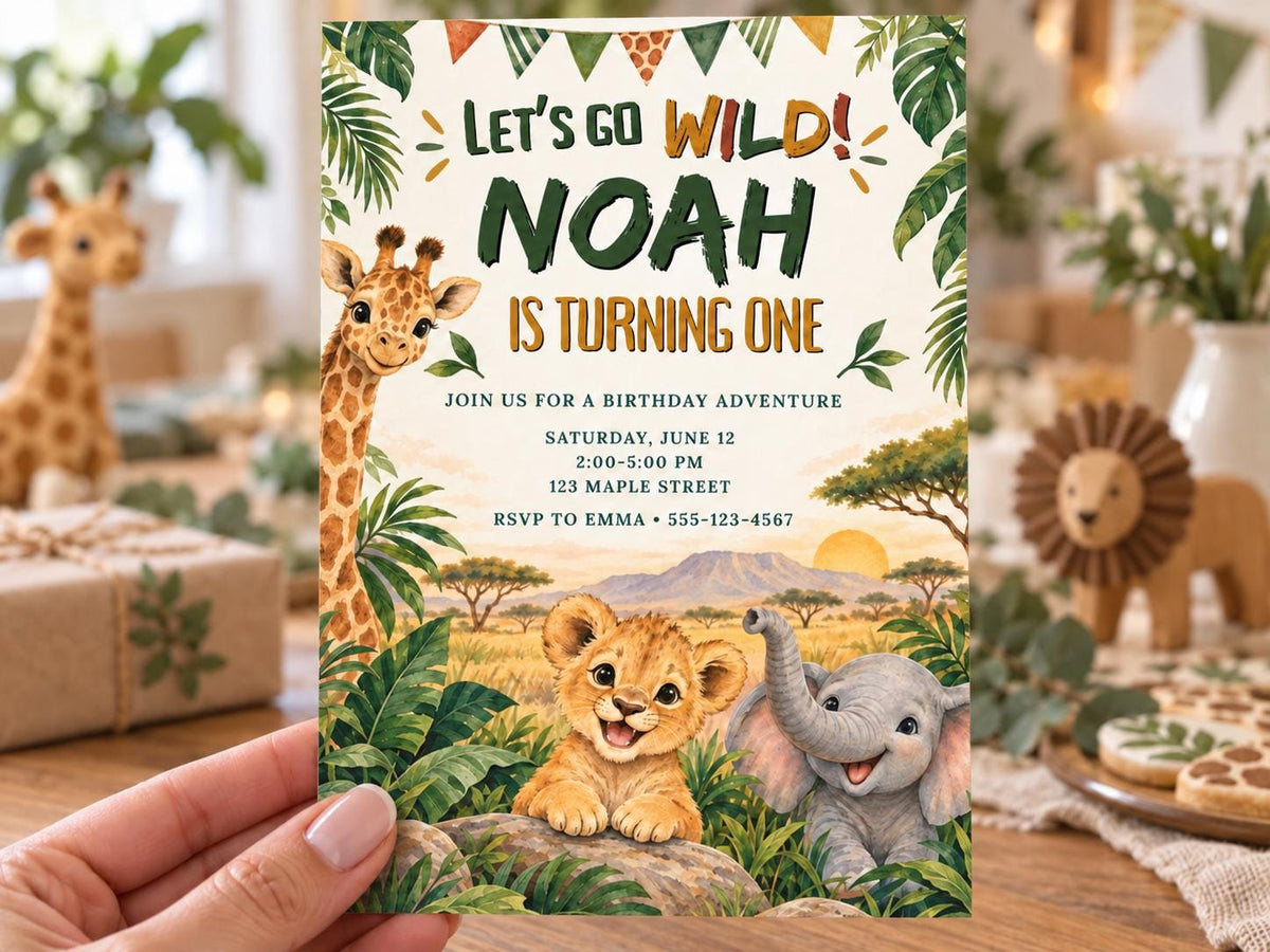 A birthday party invitation featuring a jungle theme with a giraffe, lion, and elephant.