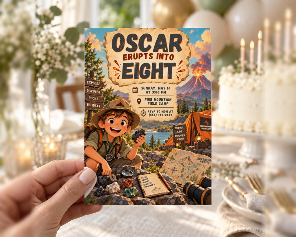 The image is a hand holding a flyer or invitation for an event called "Oscar Erupts into Eight". The flyer features an illustration of a young boy dressed as a safari guide, surrounded by various safari-related elements such as a tent, a map, and a compass.