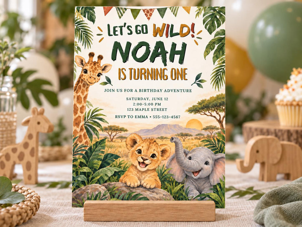 A birthday party invitation featuring a jungle theme with a giraffe, lion, and elephant, along with the text "Let's go wild! Noah is turning one" and details about the event.