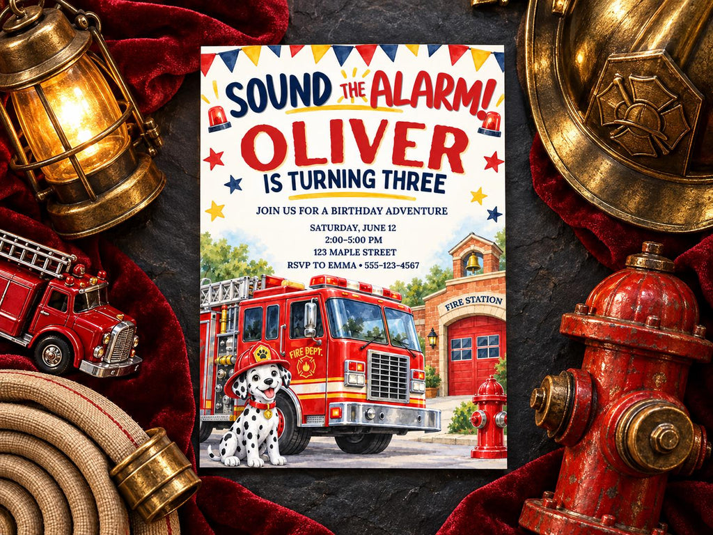 The image is a birthday invitation for a child named Oliver, who is turning three years old. The invitation features a fire truck and a Dalmatian dog, along with other firefighting-related elements.