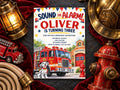 The image is a birthday invitation for a child named Oliver, who is turning three years old. The invitation features a fire truck and a Dalmatian dog, along with other firefighting-related elements.