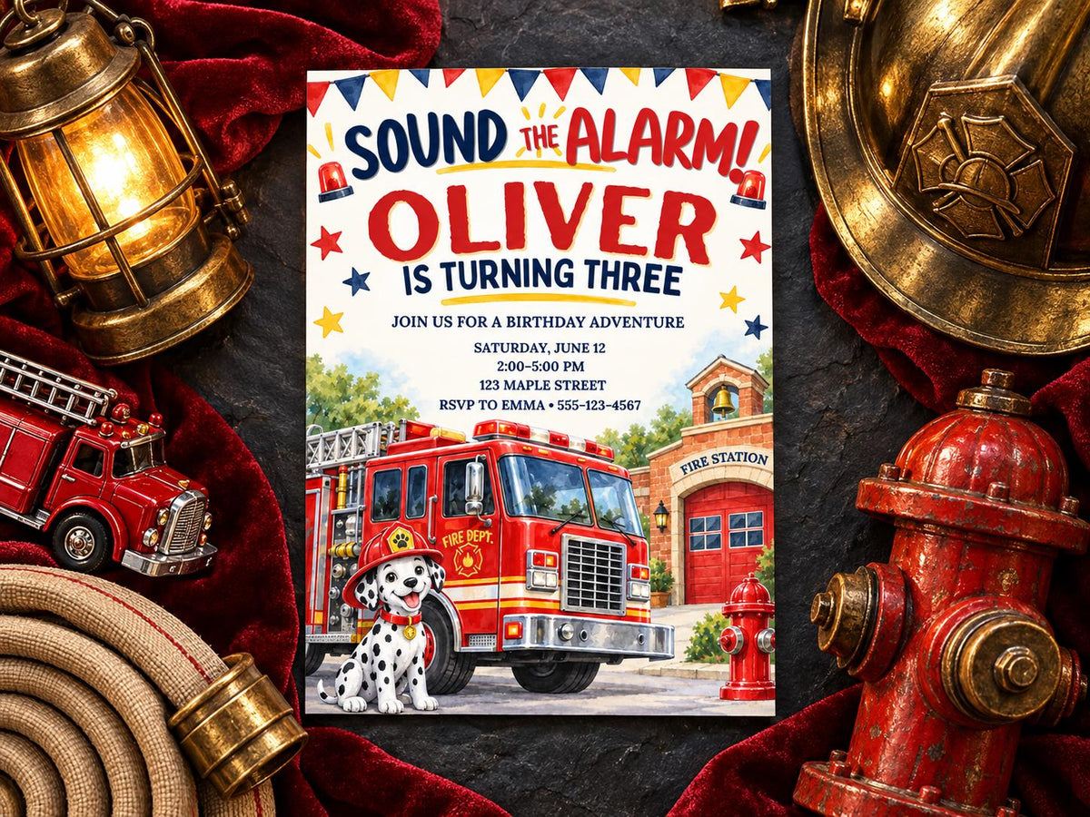 The image is a birthday invitation for a child named Oliver, who is turning three years old. The invitation features a fire truck and a Dalmatian dog, along with other firefighting-related elements.