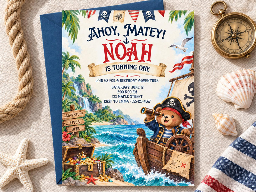 The image is a birthday invitation for a boy named Noah, featuring a pirate theme with a teddy bear in a pirate hat, a pirate ship, and a treasure chest.
