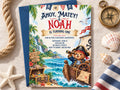 The image is a birthday invitation for a boy named Noah, featuring a pirate theme with a teddy bear in a pirate hat, a pirate ship, and a treasure chest.