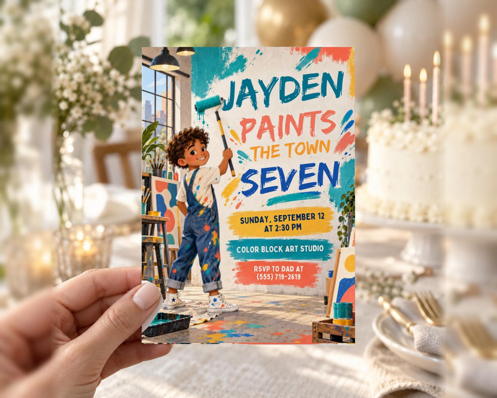 A hand holding a colorful invitation card for a birthday party.
