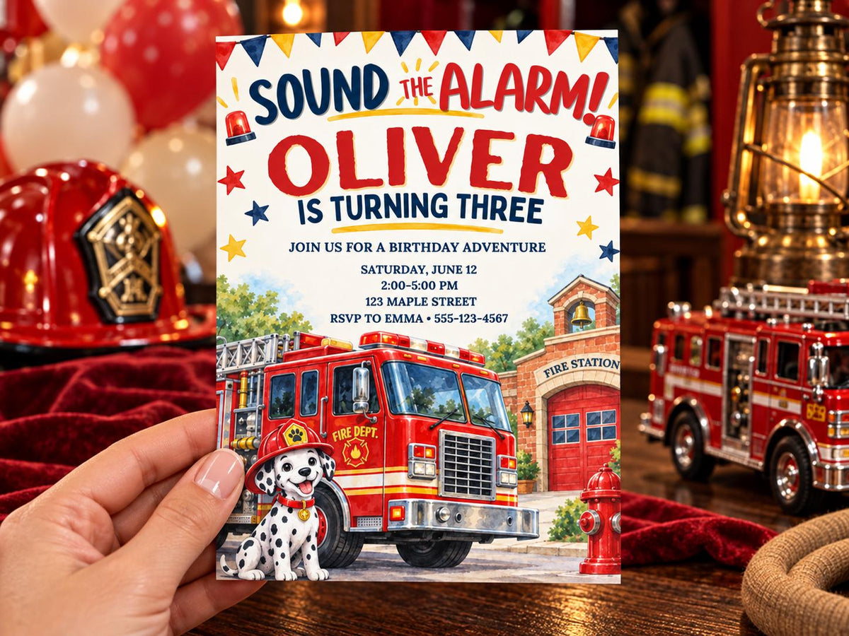 The image is a birthday invitation for a child named Oliver, who is turning three years old. The invitation features a fire truck and a Dalmatian dog, indicating a theme related to firefighting or fire station.