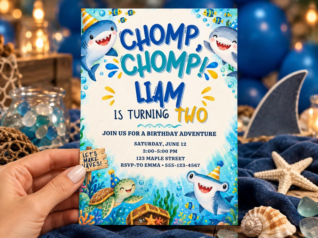 A hand holding a birthday party invitation featuring cartoon sharks and other sea creatures, with a background of blue balloons and a nautical theme.