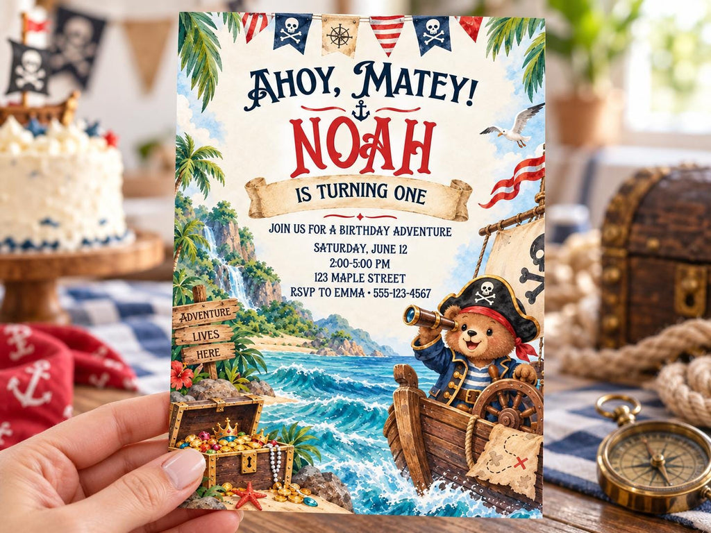A birthday party invitation for Noah, featuring a pirate theme with a teddy bear pirate and a pirate ship, along with a pirate flag and treasure chest.