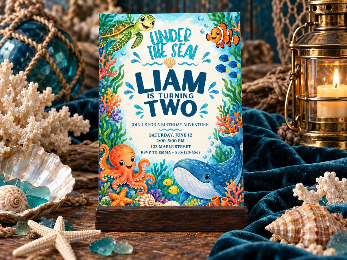 The image is a birthday invitation for a child named Liam, who is turning two years old. The invitation features illustrations of various sea creatures, including a turtle, an orange octopus, and a blue whale, along with the text "Under the Sea" and "Liam is Turning Two".
