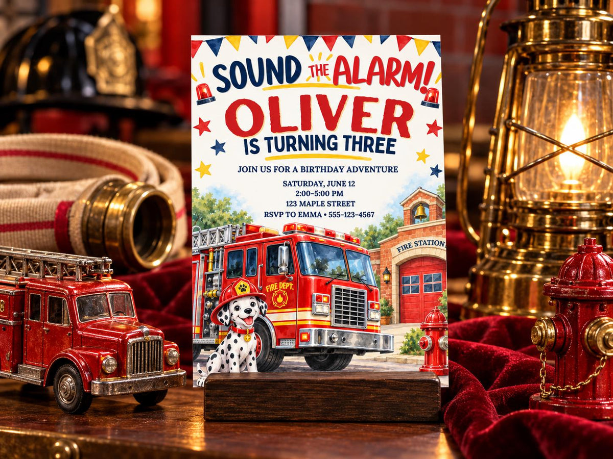 The image is a birthday invitation for a child named Oliver, who is turning three years old. The invitation features a fire truck and a Dalmatian dog, indicating a theme related to firefighting or fire station. The invitation is set against a backdrop of a fire station and a red ribbon, suggesting a festive and celebratory atmosphere.