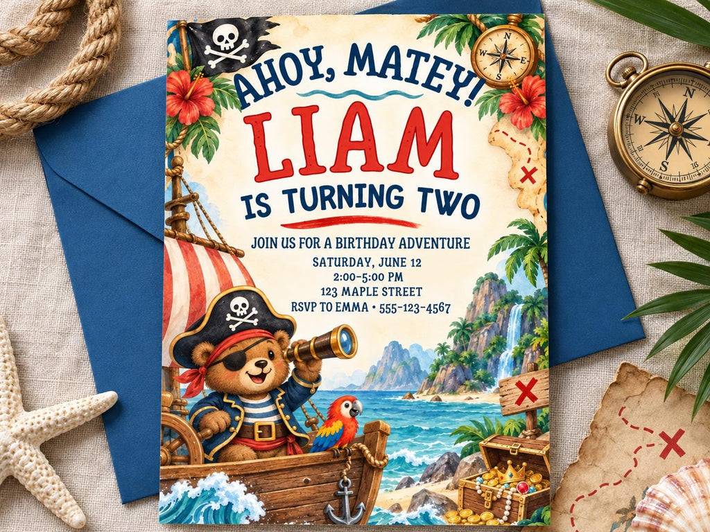 The image is a birthday invitation for a boy named Liam, who is turning two years old. The invitation features a pirate theme with a teddy bear dressed as a pirate, a pirate ship, and a treasure chest. The invitation also includes details about the birthday party, such as the date, time, and location.