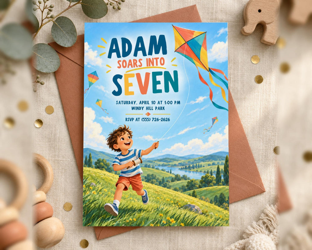 The image is a birthday invitation for a child named Adam, featuring a young boy flying a kite in a grassy field with mountains in the background.