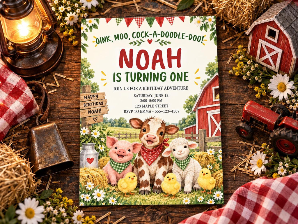 The image is a birthday invitation for a child named Noah, featuring illustrations of farm animals such as a pig, cow, and sheep, along with a barn and other farm-themed decorations.