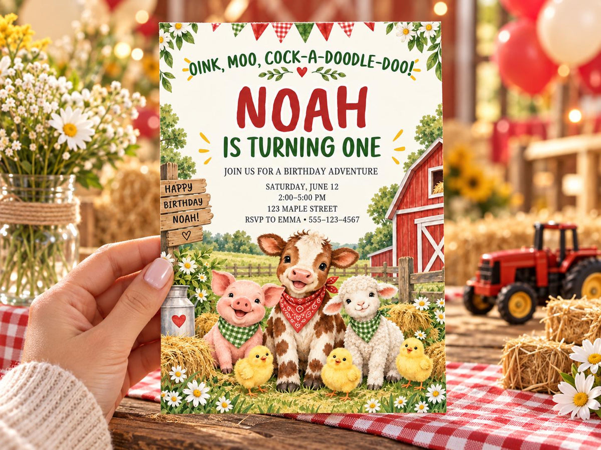 A hand holding a birthday invitation card with illustrations of farm animals, including a pig, cow, sheep, and chickens, set against a rustic farm background.