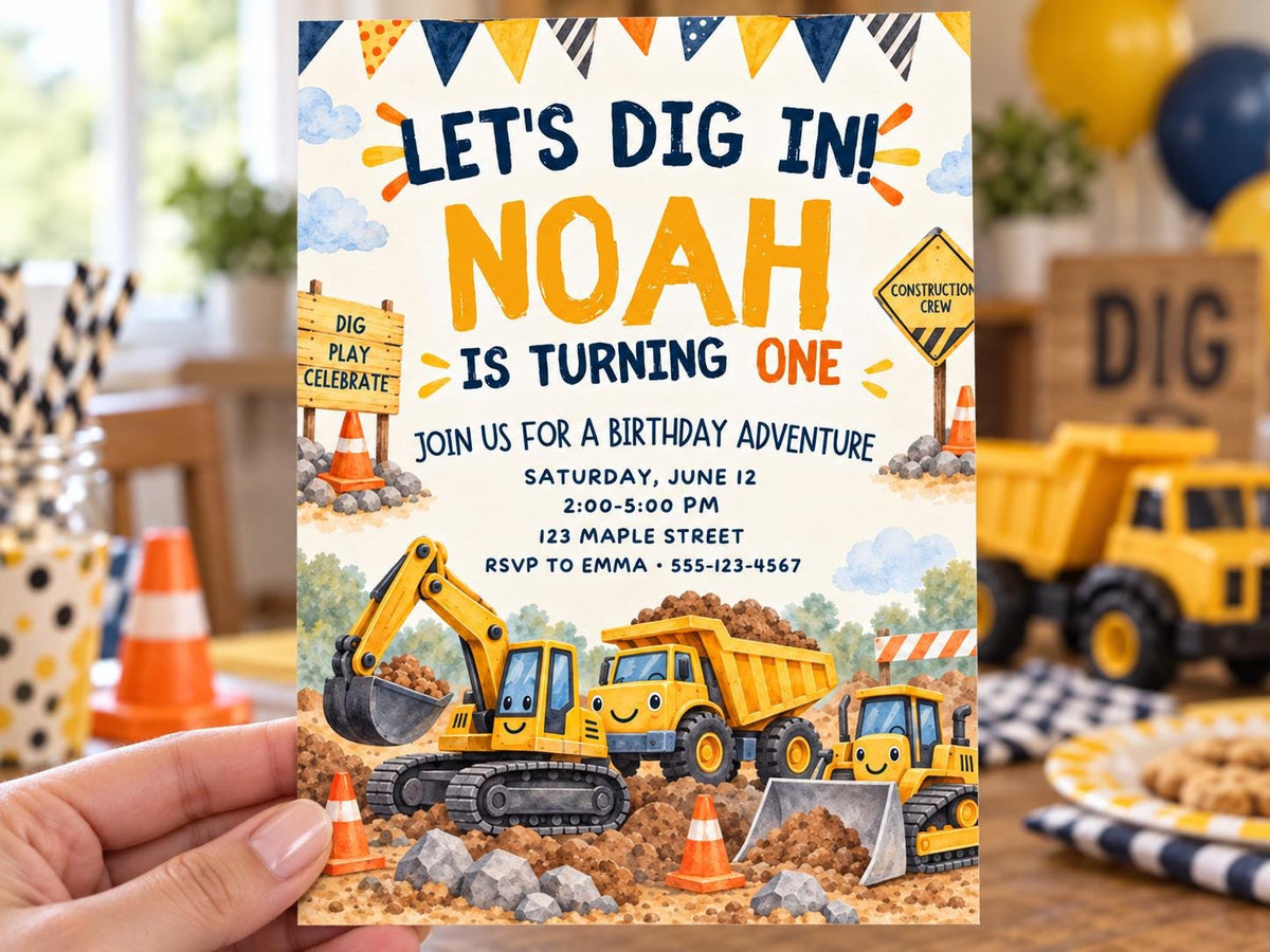 The image is a birthday invitation for a Dig in Noah party, featuring construction vehicles and a construction site theme.