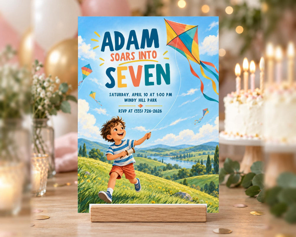 The image is a birthday invitation featuring a young boy flying a kite, with a colorful kite in the sky and a scenic landscape in the background.