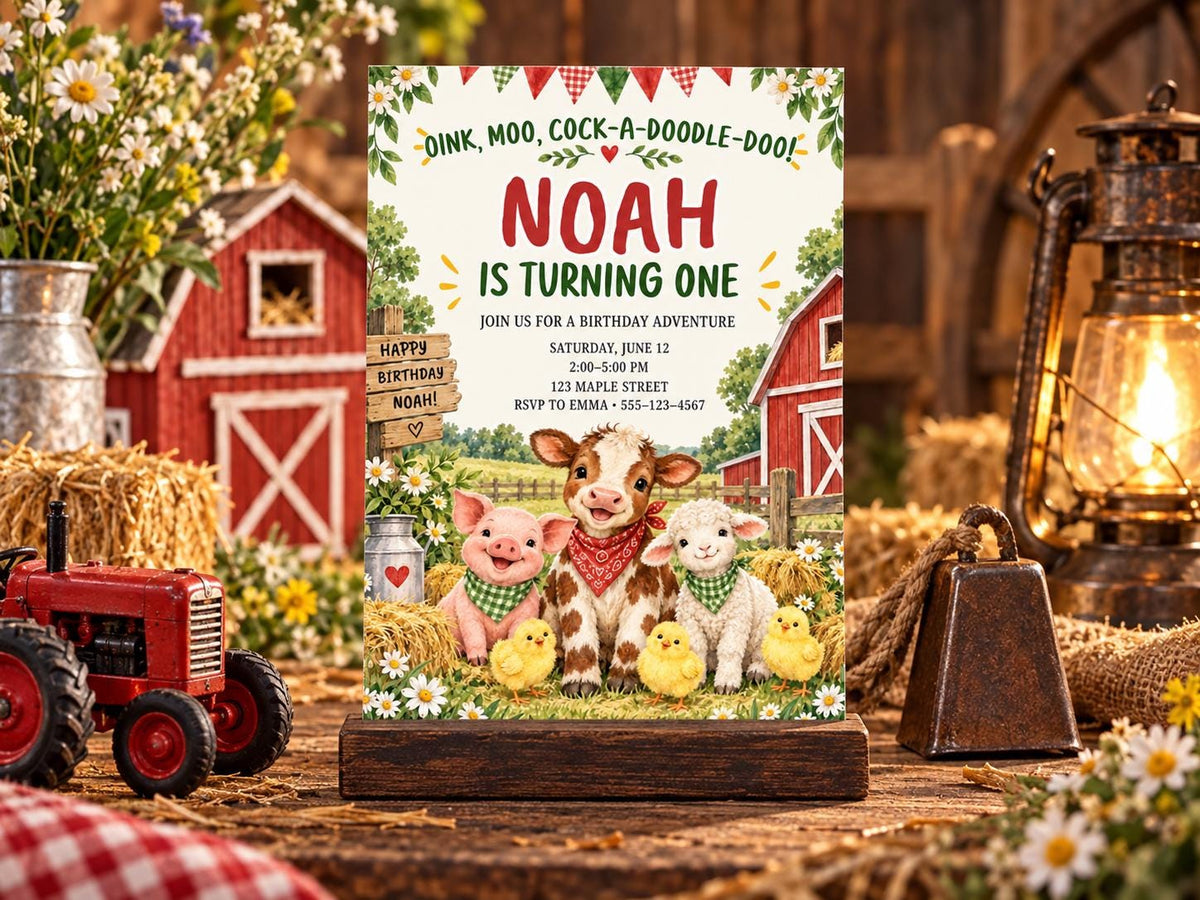 A birthday party invitation featuring farm animals such as a pig, sheep, and chicken, along with a barn and flowers, set against a rustic background.