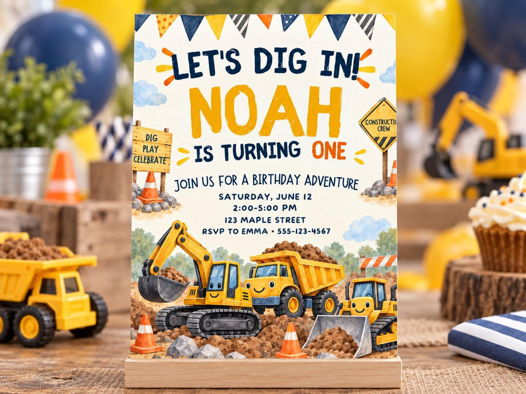 The image is a birthday party invitation for a child named Noah, featuring construction vehicles and a construction site theme.