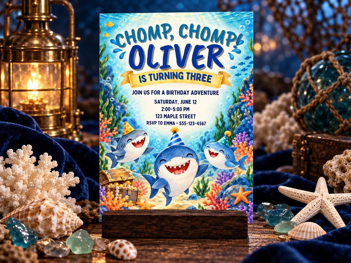 The image is a birthday invitation for a child named Oliver, who is turning three years old. The invitation features illustrations of sharks and other sea creatures, along with the text "Chomp, Chomp! Oliver is Turning Three" and details about the birthday party, including the date, time, location, and RSVP information.