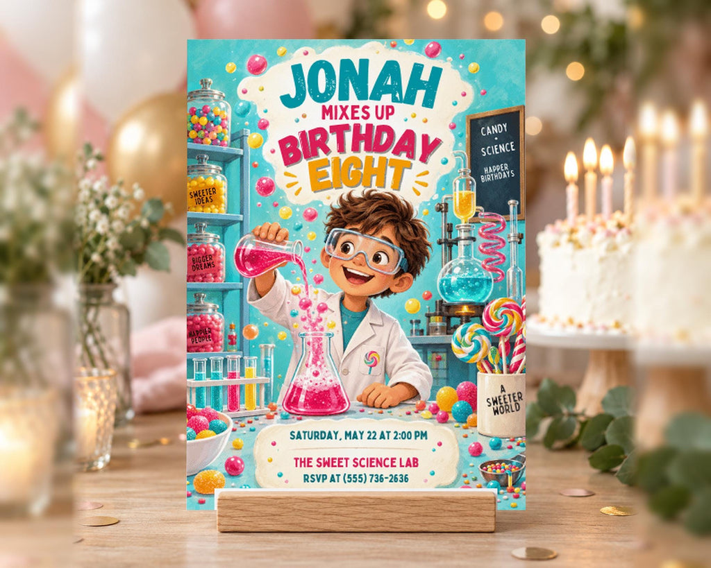 The image is a birthday party invitation featuring a young boy in a lab coat, surrounded by various science-themed elements such as bubbling liquids, laboratory equipment, and a cake.