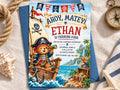 A birthday invitation for a boy named Ethan, featuring a pirate theme with a teddy bear dressed as a pirate, a pirate ship, and a pirate treasure chest.