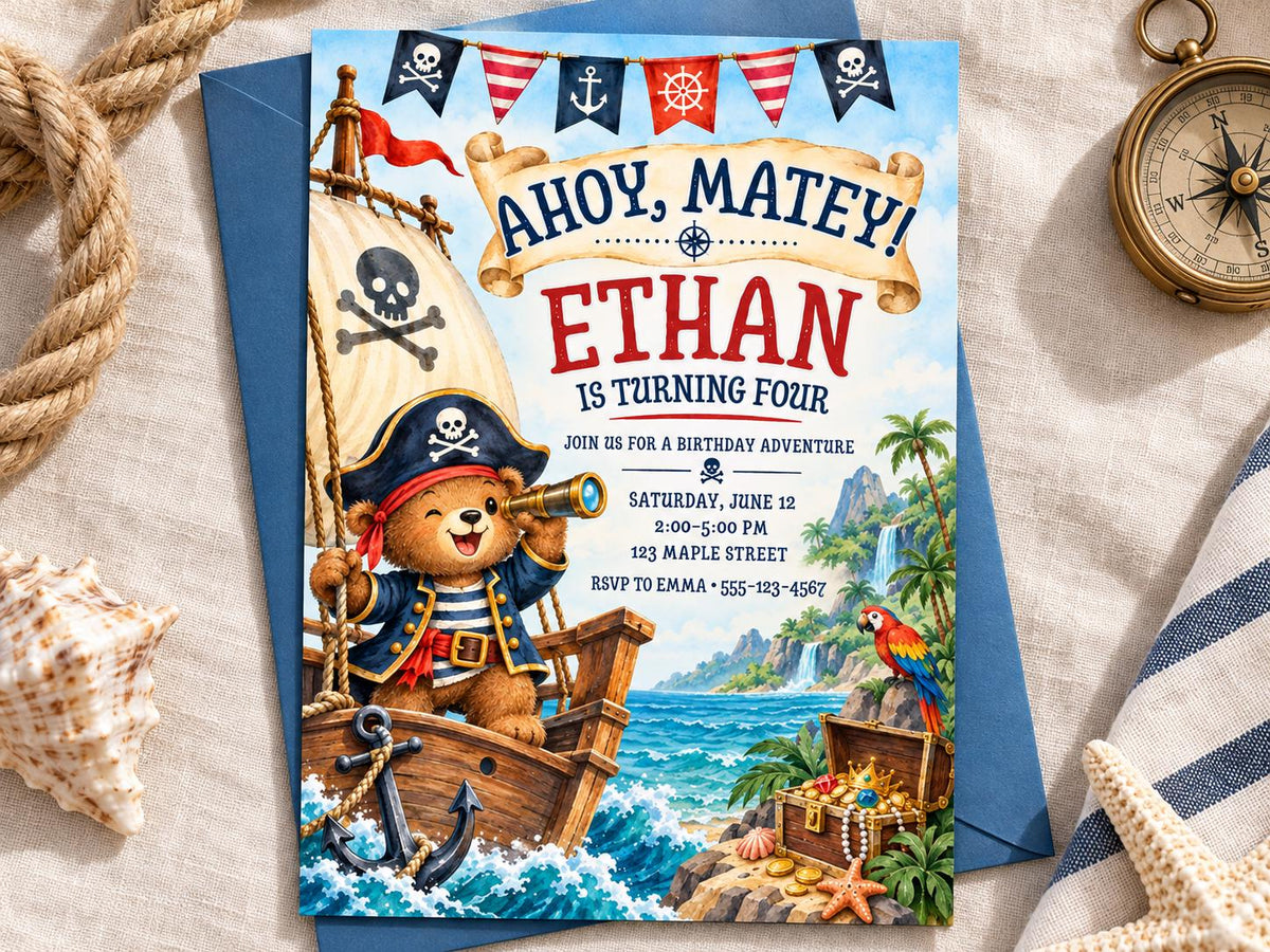 A birthday invitation for a boy named Ethan, featuring a pirate theme with a teddy bear dressed as a pirate, a pirate ship, and a pirate treasure chest.