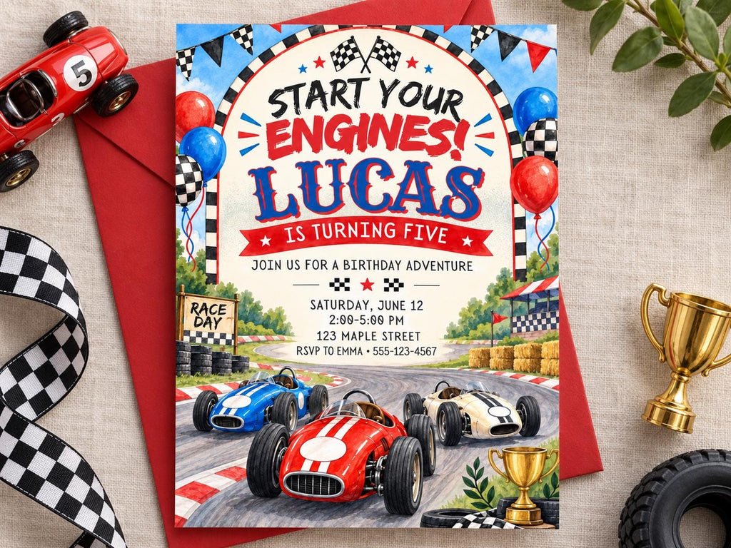 The image is a birthday invitation for a child named Lucas, who is turning five years old. The invitation features illustrations of race cars and racing flags, along with the text "Start Your Engines! Lucas is Turning Five" and "Join Us for a Birthday Adventure".