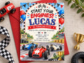 The image is a birthday invitation for a child named Lucas, who is turning five years old. The invitation features illustrations of race cars and racing flags, along with the text "Start Your Engines! Lucas is Turning Five" and "Join Us for a Birthday Adventure".