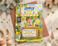 The image is a birthday invitation featuring a young boy sitting behind a lemonade stand, surrounded by various lemon-themed decorations and items.
