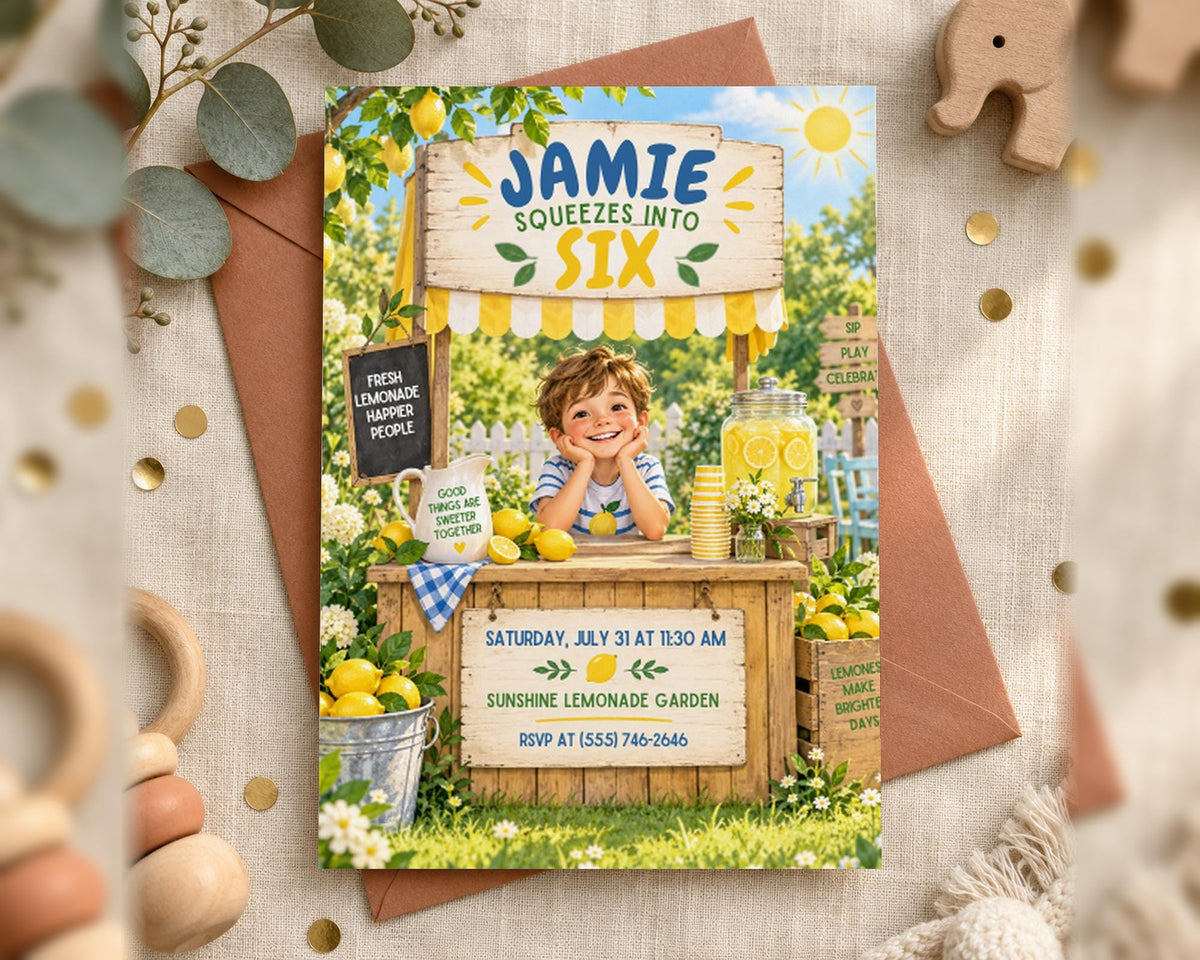 The image is a birthday invitation featuring a young boy sitting behind a lemonade stand, surrounded by various lemon-themed decorations and items.