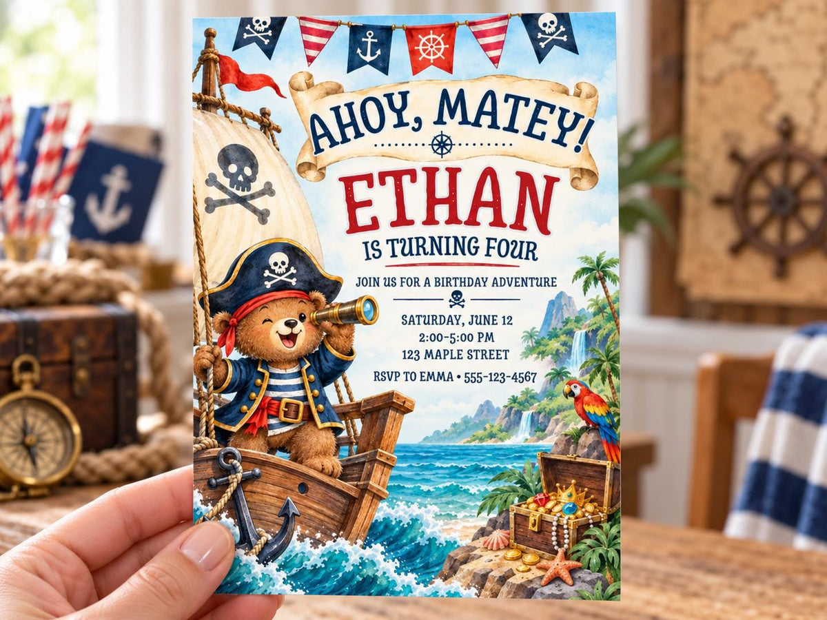 The image is a birthday invitation for a boy named Ethan, featuring a pirate theme with a teddy bear dressed as a pirate and a pirate ship.