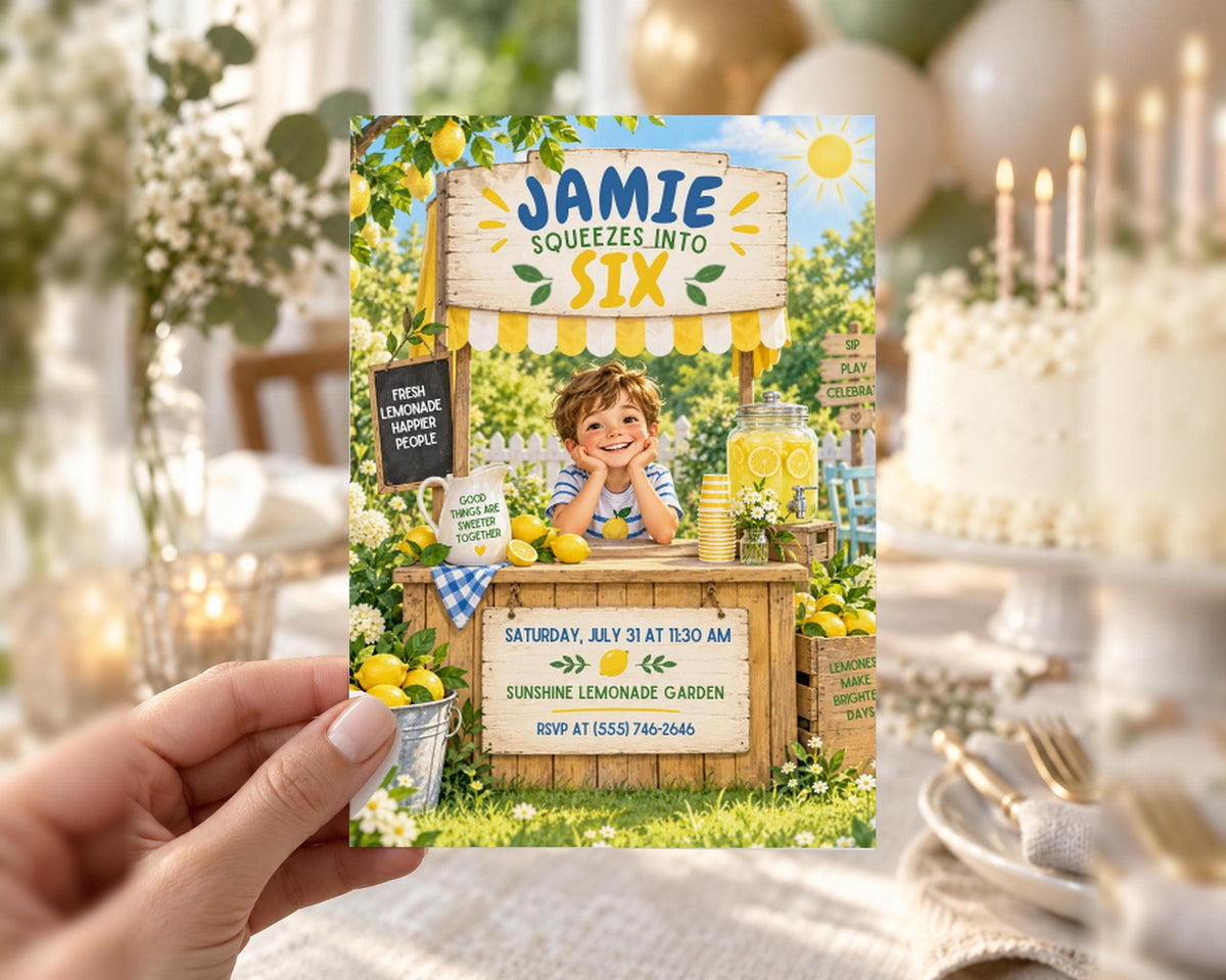 A hand holding a colorful invitation card for a birthday party, featuring a lemonade stand and a young boy smiling.
