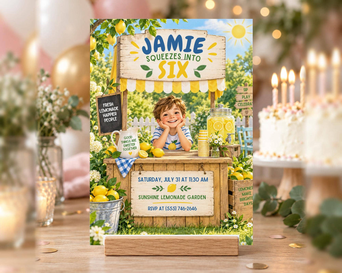 A birthday party invitation featuring a young boy selling lemonade at a stand, surrounded by a lemonade stand, flowers, and a cake.